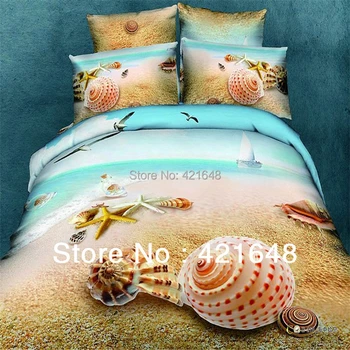 Naujas modelis 3D aliejaus tapybai beach &seashell patalynės karalienė dydžio lova, 4pc 3d aliejus, be patalynės užpildas,vasaros paplūdimys ir 