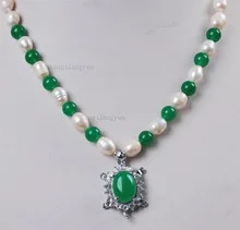 Naujausio dizaino, natūralių perlų papuošalai Nekilnojamojo Balta Akoya Dirbtiniu būdu išaugintų Perlų/Žalia akmuo Vėžlys jewe pakabukas karoliai Nuotakos sidabro kablys