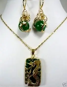 Nekilnojamojo žalias perlas dragon pakabukas auskarai, karoliai rinkinius Kvarco Baudą Padengti Nuotakos platus žiūrėti sparnus karalienė