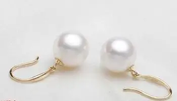 Nemokamas pristatymas 1 pora didžiulis AAA+10-11mm apvalus pietų jūros balto perlo auskaru 14 aukso