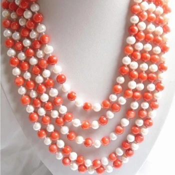 Nemokamas pristatymas mados moterų ilgos grandinės karoliai 100inch 6-7mm gamtos white pearl pink dirbtiniais koralų aukštos klasės jewelryMY5182
