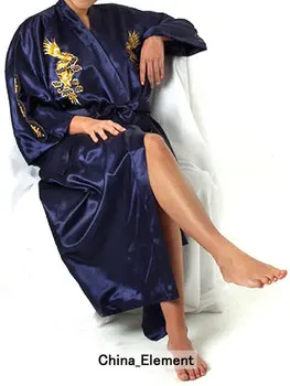 Nemokamas Pristatymas Tamsiai Mėlyna Kinijos Moterų Satino Poliesterio Siuvinėjimo Chalatas Kimono Suknelė Dragon S M L XL XXL XXXL S0008