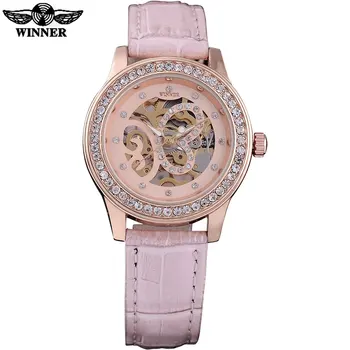 NUGALĖTOJAS 2016 kinijos prekės ženklo moterų laikrodžiai, prabangūs mechaninė vertus vėjo žiūrėti skeletas rožinė surenka kalnų krištolas odos juosta montre femme