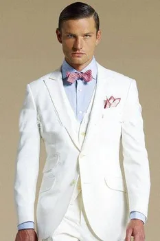 Pagal užsakymą pagaminti Slim Fit Vieno Mygtuko Balta Jaunikis Tuxedos Geriausią Vyro Groomsmen Vyrų Vestuvių Kostiumai Jaunikis kostiumai(Švarkas+Kelnės+Liemenė+Kaklaraištis)