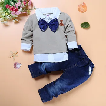 Pavasarį ir Rudenį kūdikių berniukų boutique šalies drabužių 2vnt/komplektas vaikams džentelmenas peteliškę netikrą 2vnt marškinėliai+gražus džinsai nemokamas pristatymas