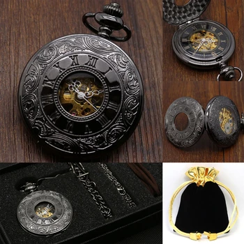 Prabanga Tuščiaviduriai Speleo Kišenėje Žiūrėti Nustatyti Vintage Black Pilnas Medžiotojas Dizainas Mechaninis Laikrodis Karoliai Pakabukas Laikrodis Dovanų Maišelį, Dėžutę
