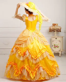 Prabangūs nėriniai aukso geltonos gėlės susiėmę viduramžių dresswith skrybėlę renesanso Suknelė princesė cosplay Viktorijos/belle kamuolys suknelė