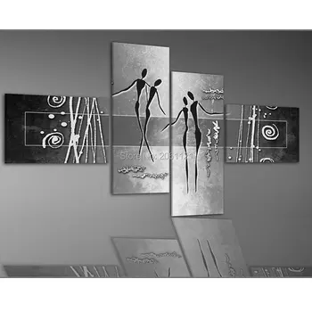 Rankomis Dažyti Šiuolaikinio Abstraktaus Namų Puošybai Sienos Menas 4 dalių Komplektas sidabro pilka Drobė, Aliejus, Tapyba nuotraukos