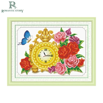 Romantiška Istorija Siuvinėti kryželiu Rinkiniais, Siuvinėjimo rinkiniai Laikrodis Rožių Gėlių Pattern 