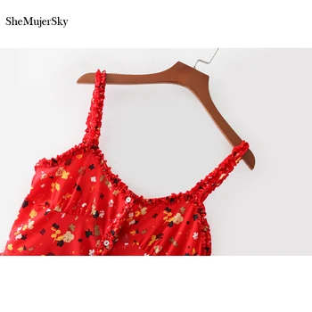 SheMujerSky Raudona Vasaros Suknelė Raukiniai Dirželis Mini Šaliai, Suknelės, Gėlių Atspausdintas Šifono vestido 2017 Mados