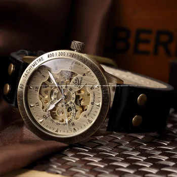 Shenhua Automatinis Mechaninis laikrodis Skeleto odos Juosta Auto Vyrų Riešo Žiūrėti prabangos prekės ženklo mados stilius derliaus bronza žiūrėti