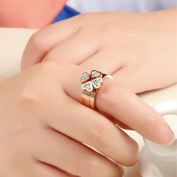Trys žiedai su širdimis ,Titano Plieno Aukščiausios Kokybės Moterys Tris Kamino gali Kubinis Cirkonis Žiedai/ Karšto Mados Moterų Dobilai Žiedus