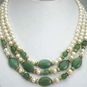 Unikalaus dizaino, aukštos kokybės 3 eilutėje 7-8mm natūrali balta perlų karoliukus, žalia karoliukai karoliai elegantiška dovana motinos papuošalai 17-19inch MY4783