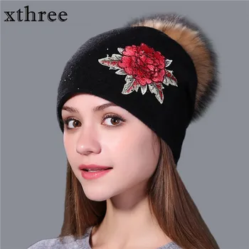 Xthree žiemos skrybėlę moterų vilnos megztus skrybėlę Moterų beanie kepurė siuvinėjimo nekilnojamojo audinės kailio pom pom mergina Skullie skrybėlę