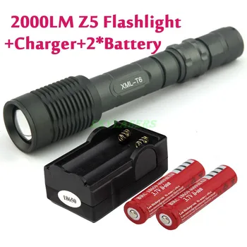 Z6 / Z5 5 Režimu 2000 Lumen CREE T6 LED Žibintuvėlis Zoomable Reguliuojamas rechargeble +2 *18650 baterija+kroviklis