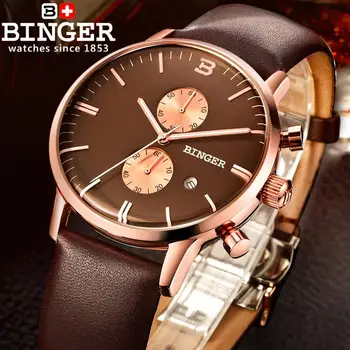 Šveicarija, laikrodžių vyrams prabangos prekės ženklo Laikrodžius BINGER Kvarco žiūrėti glowwatch odinis dirželis Chronograph Naras B1122-7