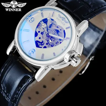 2016 NUGALĖTOJAS populiarios markės moterų laikrodžiai paprastas automatinis savaiminis vėjo žiūrėti skeletas dial arabų numeriai balta atveju odos juosta