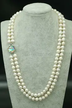 2rows gėlavandenių perlų vėrinį šalia ištisus 9-10mm didmeninė karoliukai 22-24inch pobūdžio unikalus užsegimas