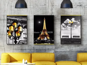 3 Gabalus Modernus miestas serijos juoda ir balta meno Aukso Paryžiaus Bokšto apšvietimo Atspausdinta Drobė Gyvenimo Kambario Sienos Meno Nuotraukas
