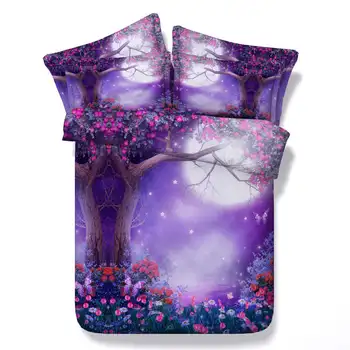 3d atspausdintas šalikas patalynės komplektas antklodė/antklodžių užvalkalus paklode twin visą karalienė king size 500TC austi violetinė gėlė mėnesiena mergina