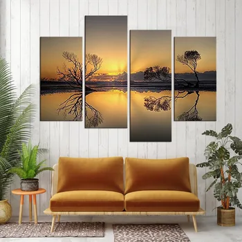 4 piece landscape sunset sky clouds lake trees reflection canvas art wall poster and prints Decorative paintings