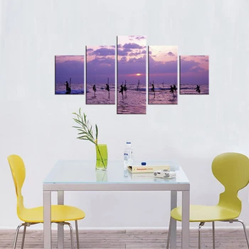 5 Pieces Printed Purple Sea Wave Sunset Landscape Painting Canvas Modular Picture for Wall Art Home Decor Living Room Framed