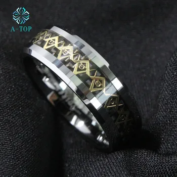 8Mm Volframo karbido žiedas Juodos ir Aukso anglies pluošto centras sidabro Masonai žiedai Nemokamas Pristatymas
