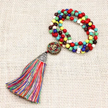 Artificial knotted tribal Nepal beads colorful howlite stone mala Long tassel handmade namaste necklace