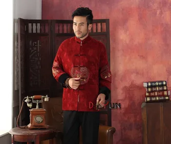Aukštos Kokybės Red Kinijos Tradicija vidutinio amžiaus Vyrų Striukė ilgomis rankovėmis Siuvinėti Dragon Kailis Tango Tiktų S M L XL XXL XXXL