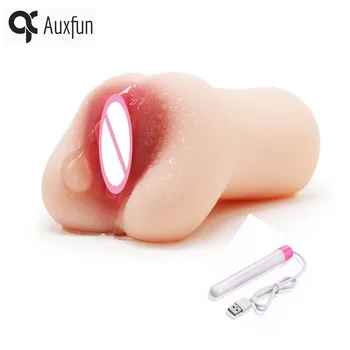 AUXFUN tikroviška Vyrų Masturbator silikono pūlingas Dirbtinės Makšties Kišenėje Pūlingas sekso žaisliukai vyrams su nemokamu USB Šildymo Strypas