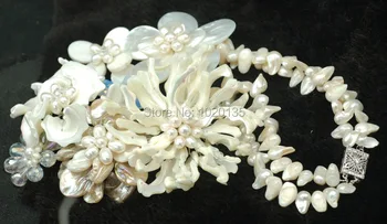 Balta kava sea shell gėlių karoliai didelis mados akmens briaunotas gėlavandenių perlų 19inch FPPJ