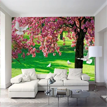 Beibehang iš Sakura medžio TV sofa-lova, miegamojo fono sienos užsakymą didelės šviežios, šilko ir šilko audinio aplinkai draugiškų tapetai