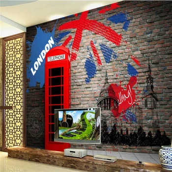 Beibehang retro stereo raudonos telefono būdelės grafiti sienų tapetai kambarį, sienų danga sienos popieriaus namų dekoro 3d grindys