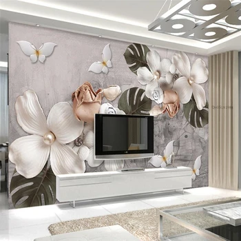 Beibehang Užsakymą, didelis freskomis, trimatis reljefo white pearl gėlės, gėlės, Šiaurės, retro background, sienos, tapetai žalia