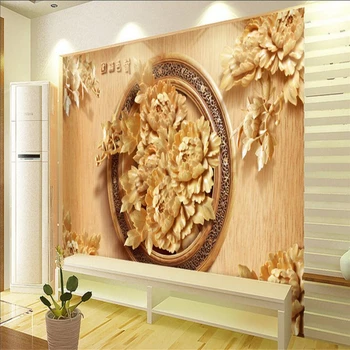 Beibehang Užsakymą Foto Tapetai Didelis 3D Freska Siena Lipdukas 3D Woodcarving Bijūnų Žiedų, TV Foną, Sienos papel de parede