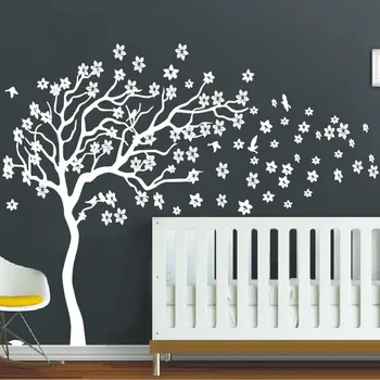 Didžiulis Baltas Medis, Gėlių 3D Vinilo Sienos Lipdukas Darželio Medžių ir Paukščių Sienos Meno Baby Vaikų Kambario Sienų Dekoras Sienų Lipdukai Namų Dekoro