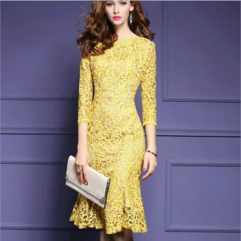 Geltonasis S-3XL Nėrinių Ilgas Plonas Suknelė Moterims Vakarai O-kaklo Paketo Klubo Suknelės moterims iki 2017 m. Pavasario Nauji Aukštos Kokybės