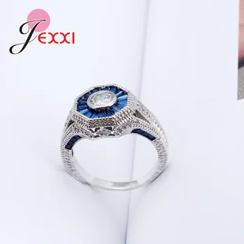 JEXXI Moterų Žiedai Su Mėlyna Akmenys Europos Stiliaus 925 Sterlingas Sidabro Vestuvės Vestuvinis CZ Cirkonis Žiedas joyas de plata Priedų