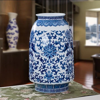 Jingdezhen keraminių ranka-dažytos porceliano vaza gėlių šiuolaikinių Kinų stiliaus apdaila, apdailos mėlynos ir baltos spalvos lotus b
