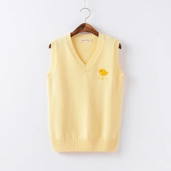 JK Uniformas Japonijos Cosplay Geltona viščiukų siuvinėjimo modelio megztinis liemenė