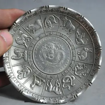 Kinijos fengshui tibeto sidabro 12 zodiako gyvūnų dragon žvėris statula monetos Plokštė Šeimos dovanos Kalėdų ornamentu