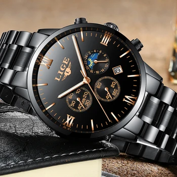 Laikrodžiai Vyrams Prabangos Prekės LIGE Chronograph Vyrų Sporto juoda Laikrodžiai Vandeniui Visiškai Plieno, Kvarcas vyriški Žiūrėti Relogio Masculino