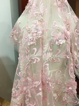 Lux 3D Pearl Zawalcowany Žiedų Gėlių Siuvinėjimo Nėrinių Audinys Rožinės spalvos Mėlyna, kurias Kieme , Haute Couture Nuotakos Vestuvių Suknelė Audinys