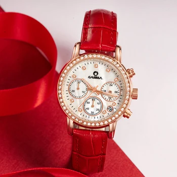 Mados Prabangos prekės ženklo laikrodžiai moterims Elegent laisvalaikio gold crystal moterų kvarco riešo žiūrėti raudoni odiniai neperšlampami CASIMA #1010
