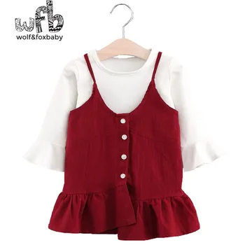 Mažmeninės prekybos 0-3 metų vaikų ragų rankovės dugno marškinėliai + dygsniuotas plisuotos suknelė dvi pavasarį, rudenį rudenį