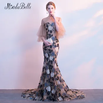 Modabelle Gėlės Undinė Keltas Suknelės Su Rankovėmis 2018 Vestidos Longos Formatura Matyti Per Gėlių Elegantiškas Vakare Gown