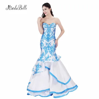 Modabelle Spalvingas Undinė Ilga Mėlyna Vakaro Suknelės Gėlių Spausdinti turkų, arabų Moterų Oficialią Suknelės, Šaliai, Elegantiškas 2018