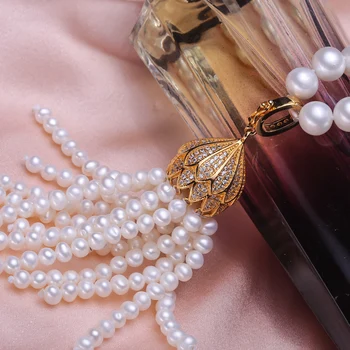 Moteris Dovaną žodis 925 sidabro realaus [ryškios pearl] natūralių gėlavandenių perlų, beveik apvalios 7-8 mm megztinis grandinė, ilga grandinė