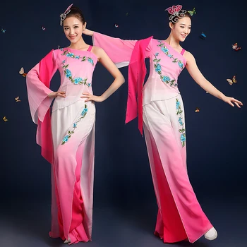 Moteris Kinijos skėtis ventiliatorius klasikinės Liaudies šokių kostiumai rožinės spalvos blizgučiai bijūnas Siuvinėjimo Jazminų Hanfu yangko šokių drabužiai