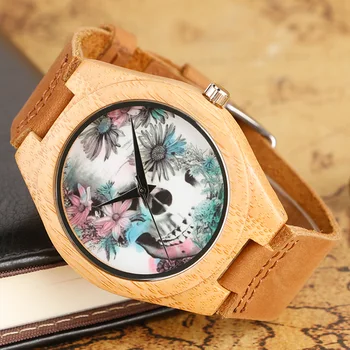 Moterų Laikrodžiai, Apyrankės Bambuko Žiūrėti Ponios Cool Dizaino Gėlių Kaukolė Mediniai Rankų Darbo Nekilnojamojo Odos Juosta Atsitiktinis Pobūdis Medienos Laikrodis